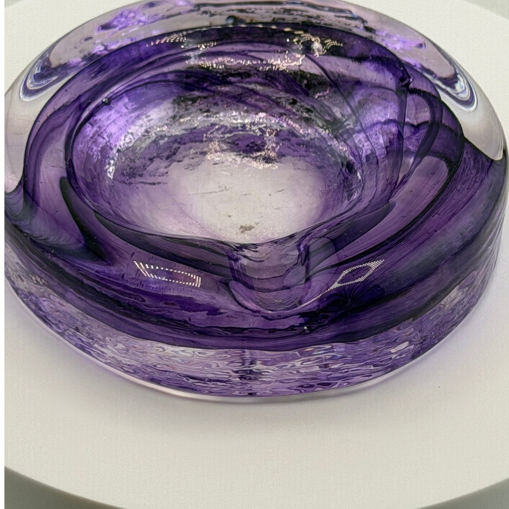 Vintage Murano Style Purple Swirl Art Glass Ashtray Heavy Round Amethyst Bowl